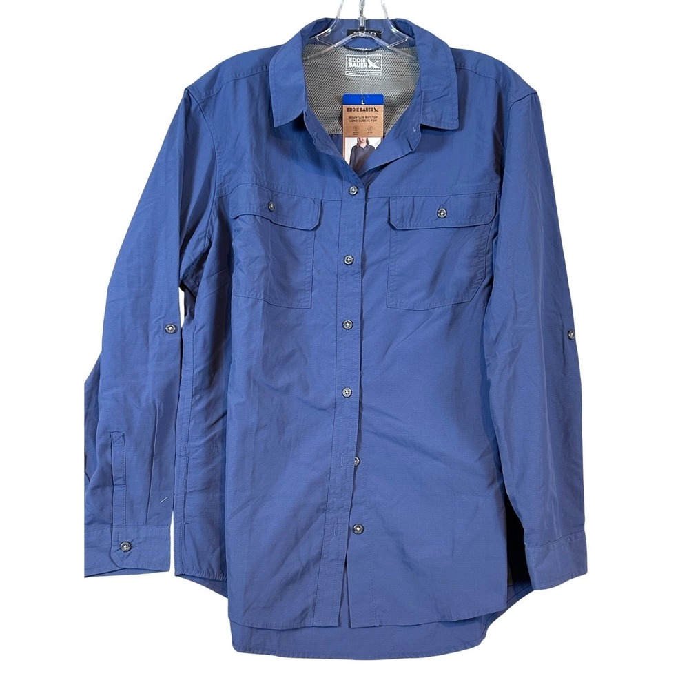 NWT Eddie Bauer Women Blue Mountain Ripstop L/S Top UPF 50+ Classic Fit Large - Picture 2 of 12